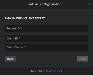 Sign in with Client Secret, with the Tenant ID, Client ID, and Client Secret fields