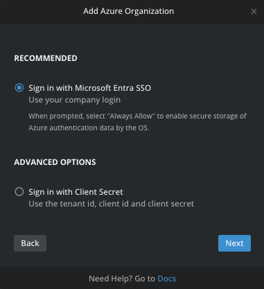 Add Azure Organization, with Microsoft Entra SSO and Client Secret