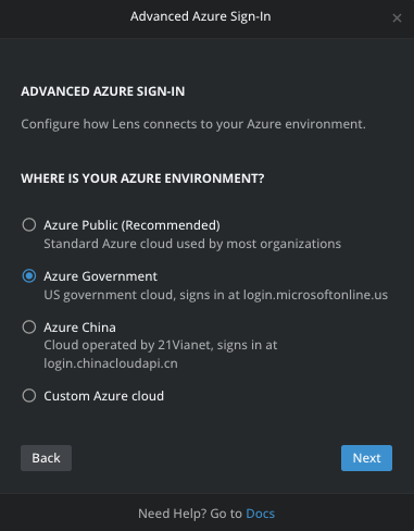 Advanced Azure sign-in, showing the four Azure clouds to choose from