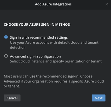 Add Azure Integration modal