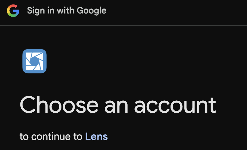 Google account picker, to continue to Lens