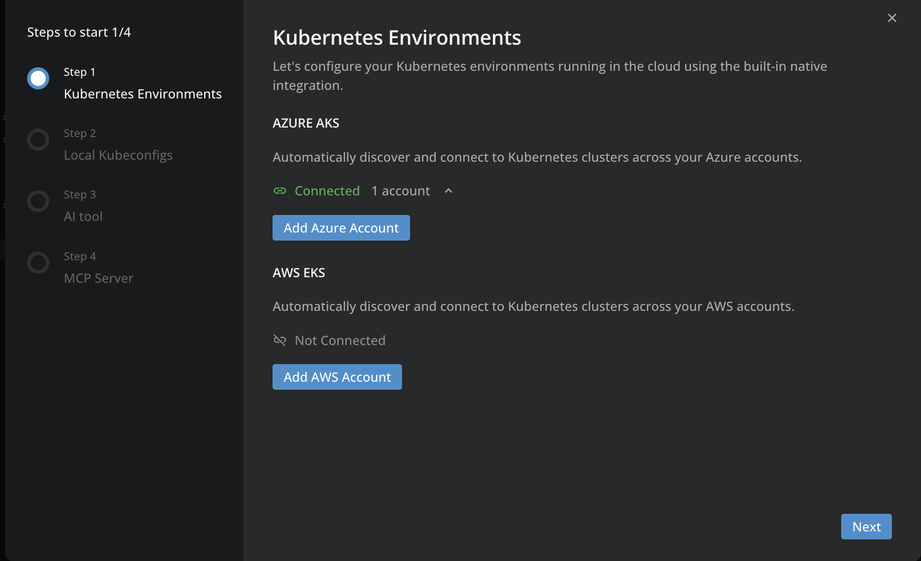 Onboarding wizard Step 1, Kubernetes Environments, showing the Azure AKS and AWS EKS sections with connection status and account buttons