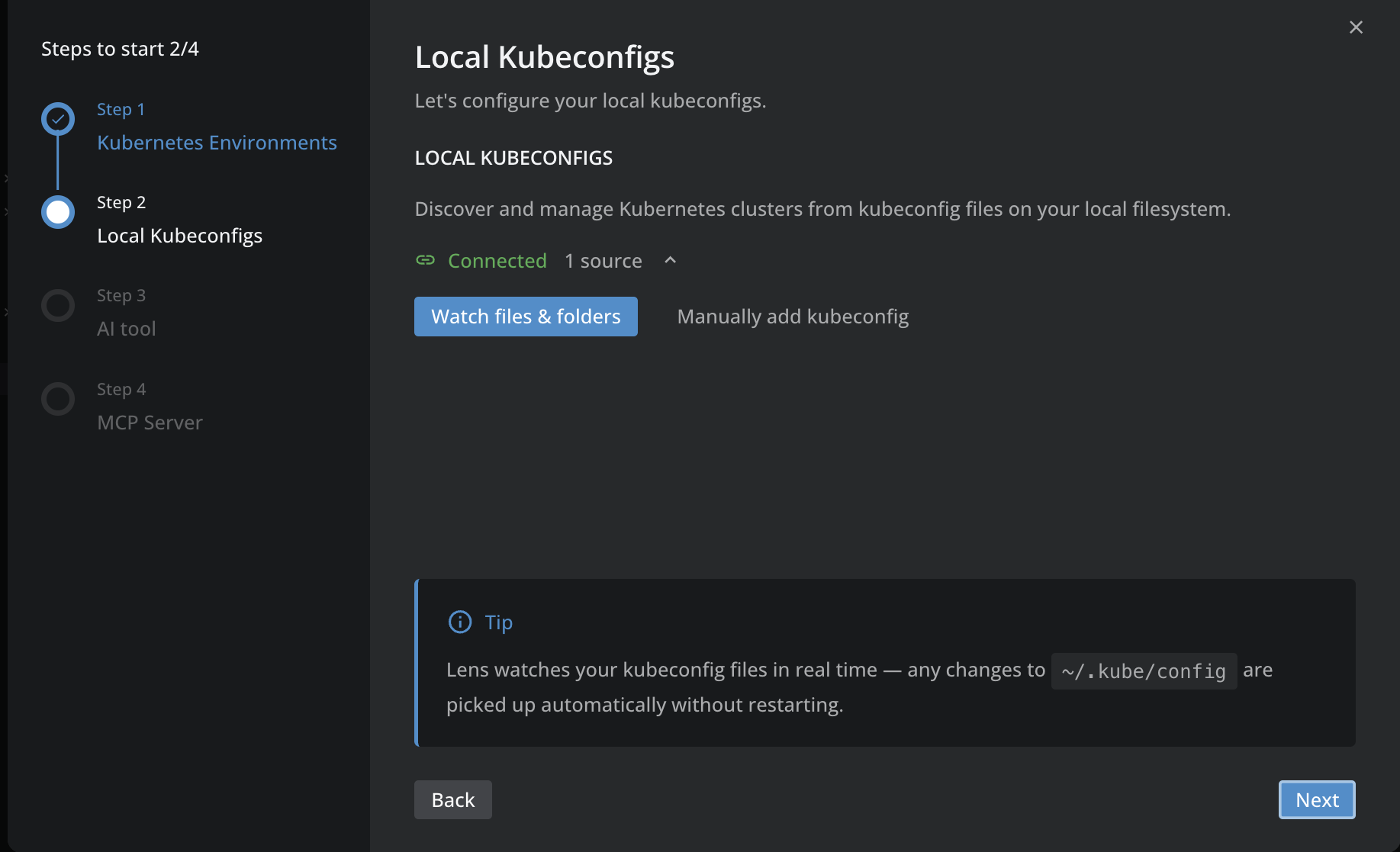 Onboarding wizard Step 2, Local Kubeconfigs, showing the connection status and the Watch files & folders and Manually add kubeconfig actions