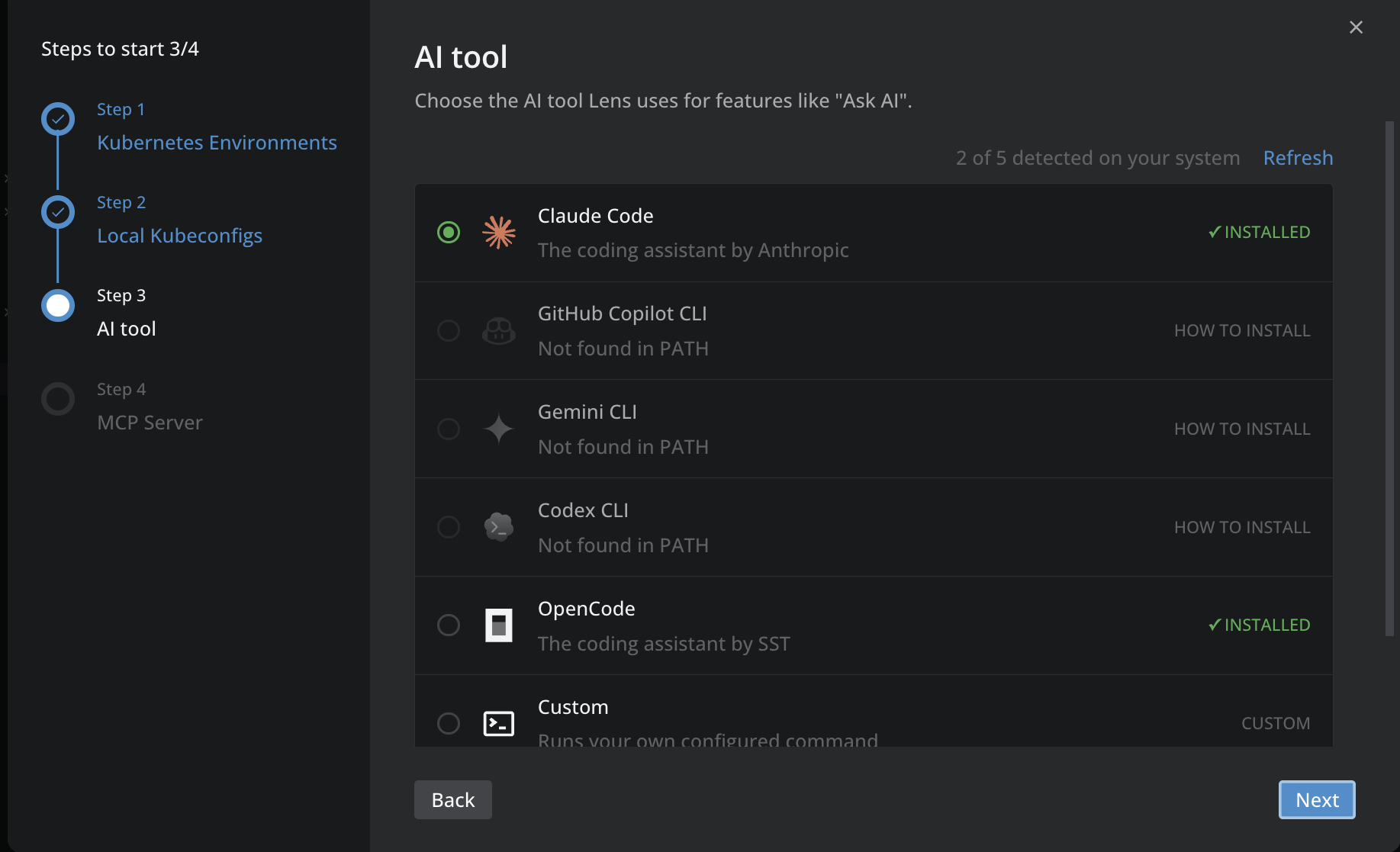 Onboarding wizard Step 3, AI tool, showing the tool list with Claude Code selected and marked installed