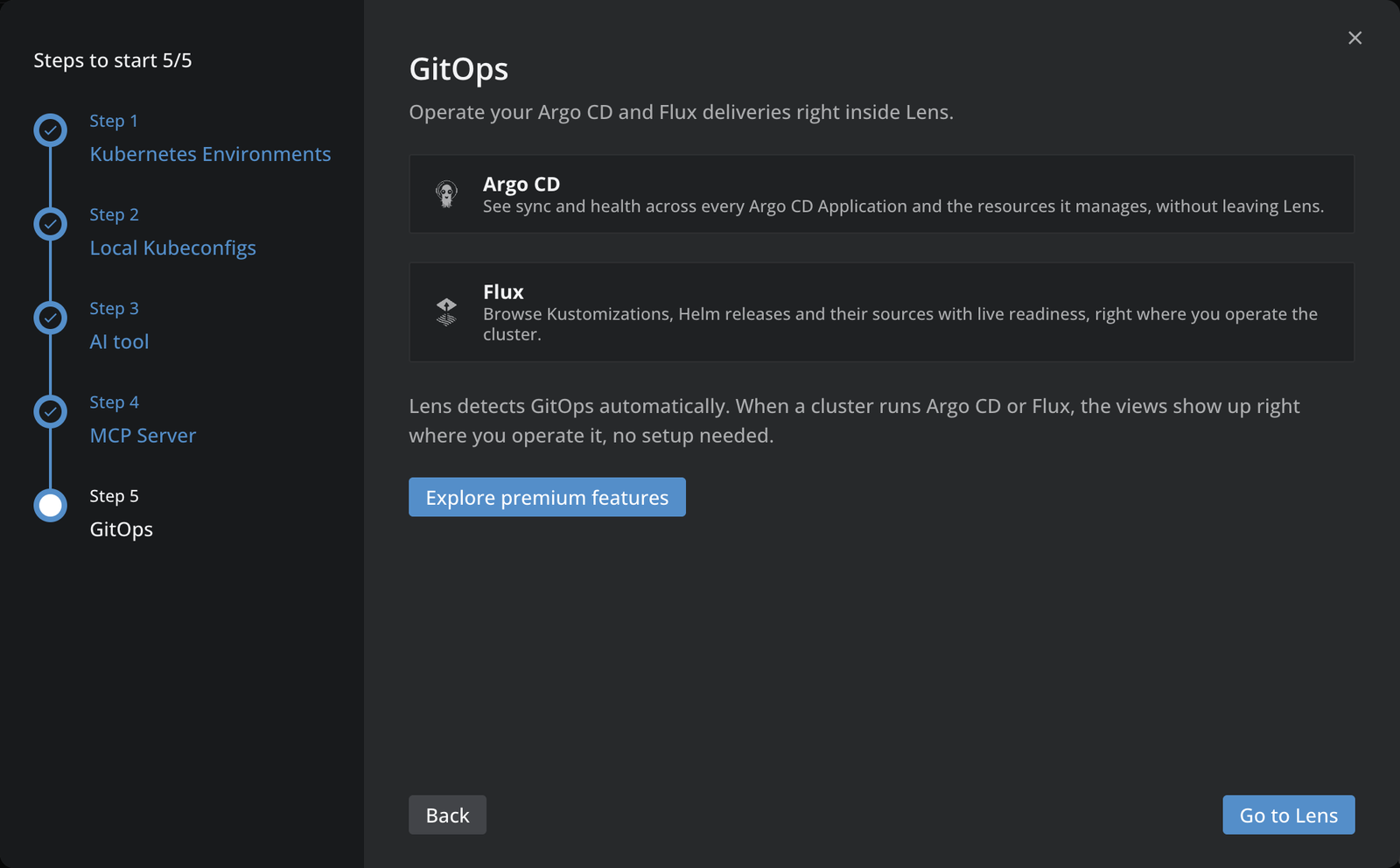 Onboarding wizard Step 5, GitOps, showing the Argo CD and Flux entries and the Explore premium features button
