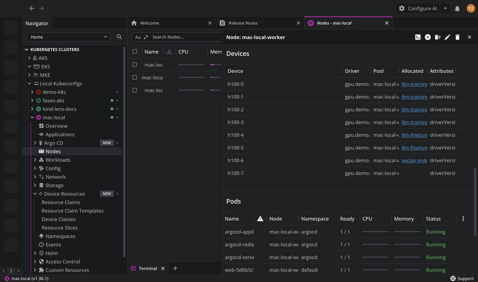 The Devices section of a node details panel, listing eight H100 devices with their driver, pool, allocating claim, and attributes