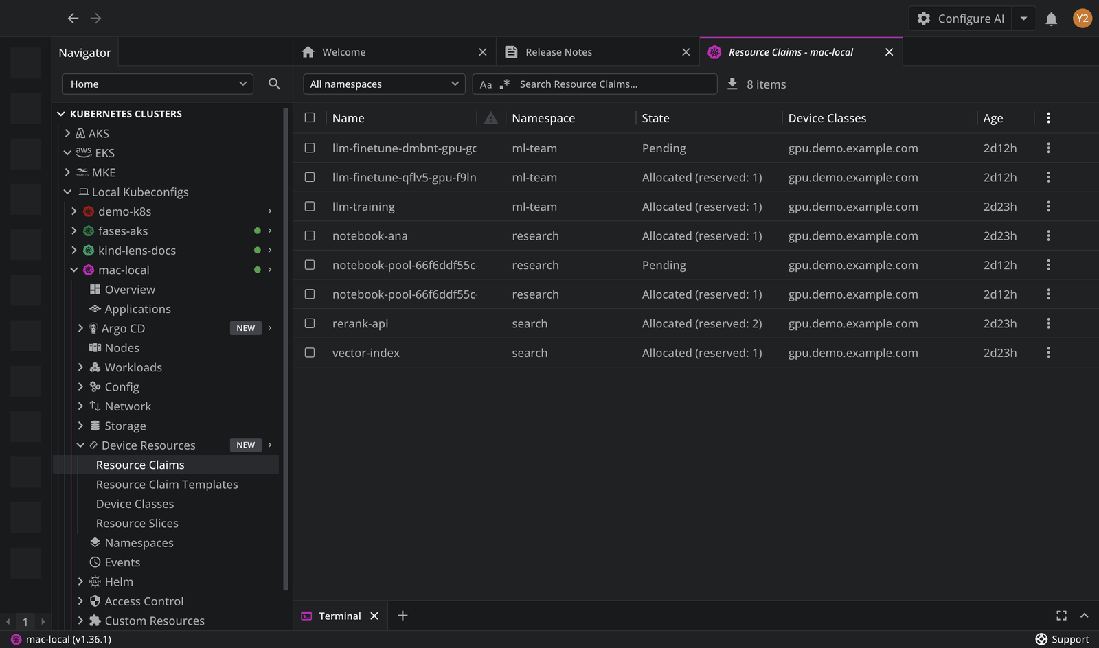 The Resource Claims view in Lens K8S IDE, with the Device Resources entry open in the Navigator and claims in the Pending and Allocated (reserved) states across three namespaces