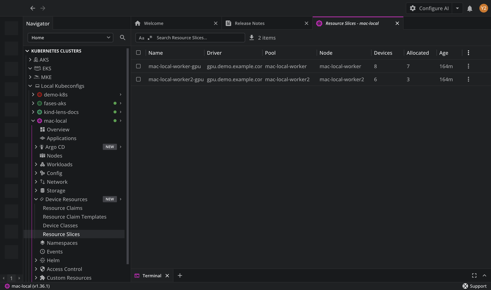 The Resource Slices view, one row per slice, showing the driver, pool, node, device count, and how many devices are allocated