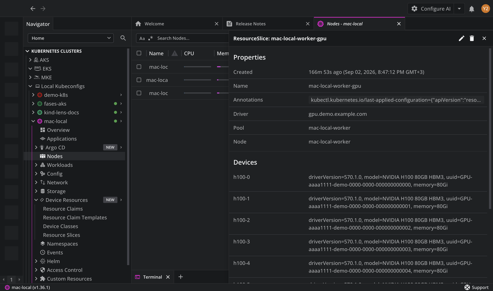 The ResourceSlice details panel, with the slice driver, pool, and node in Properties and each device listed with its driver version, model, UUID, and memory capacity