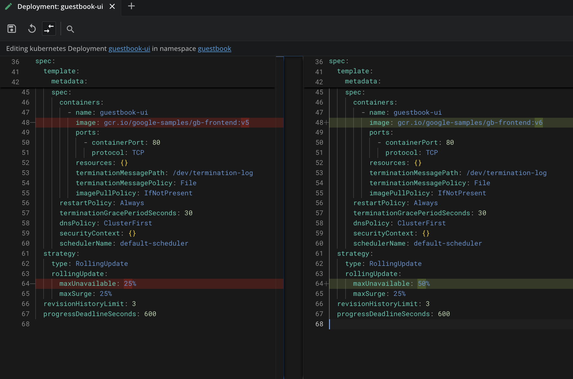 The advanced editor in diff mode while editing a Deployment: the baseline version on the left and the edited version on the right, with changed lines highlighted