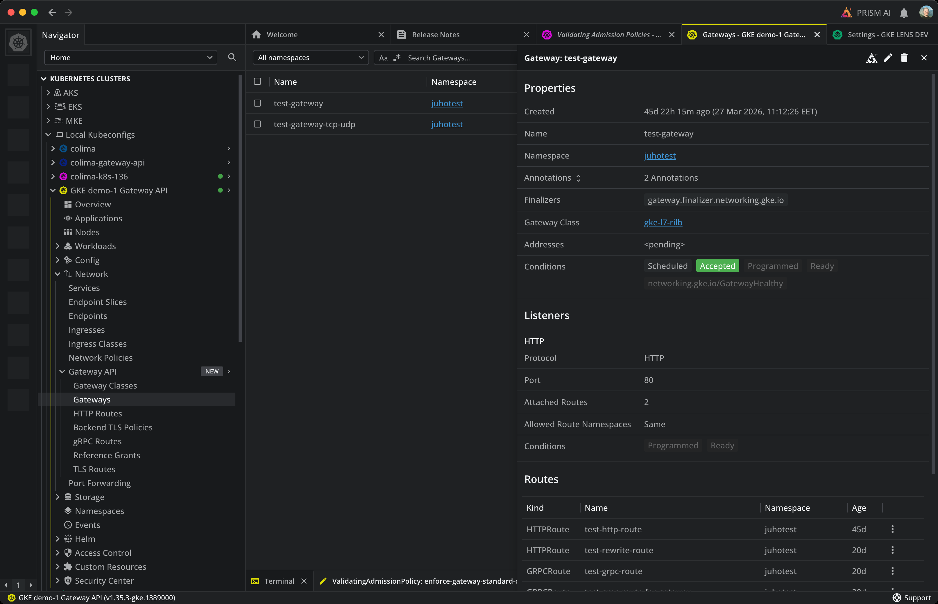 Navigator with the new Gateway API group expanded, alongside a Gateway detail panel showing its Properties, Listeners, and Routes sections