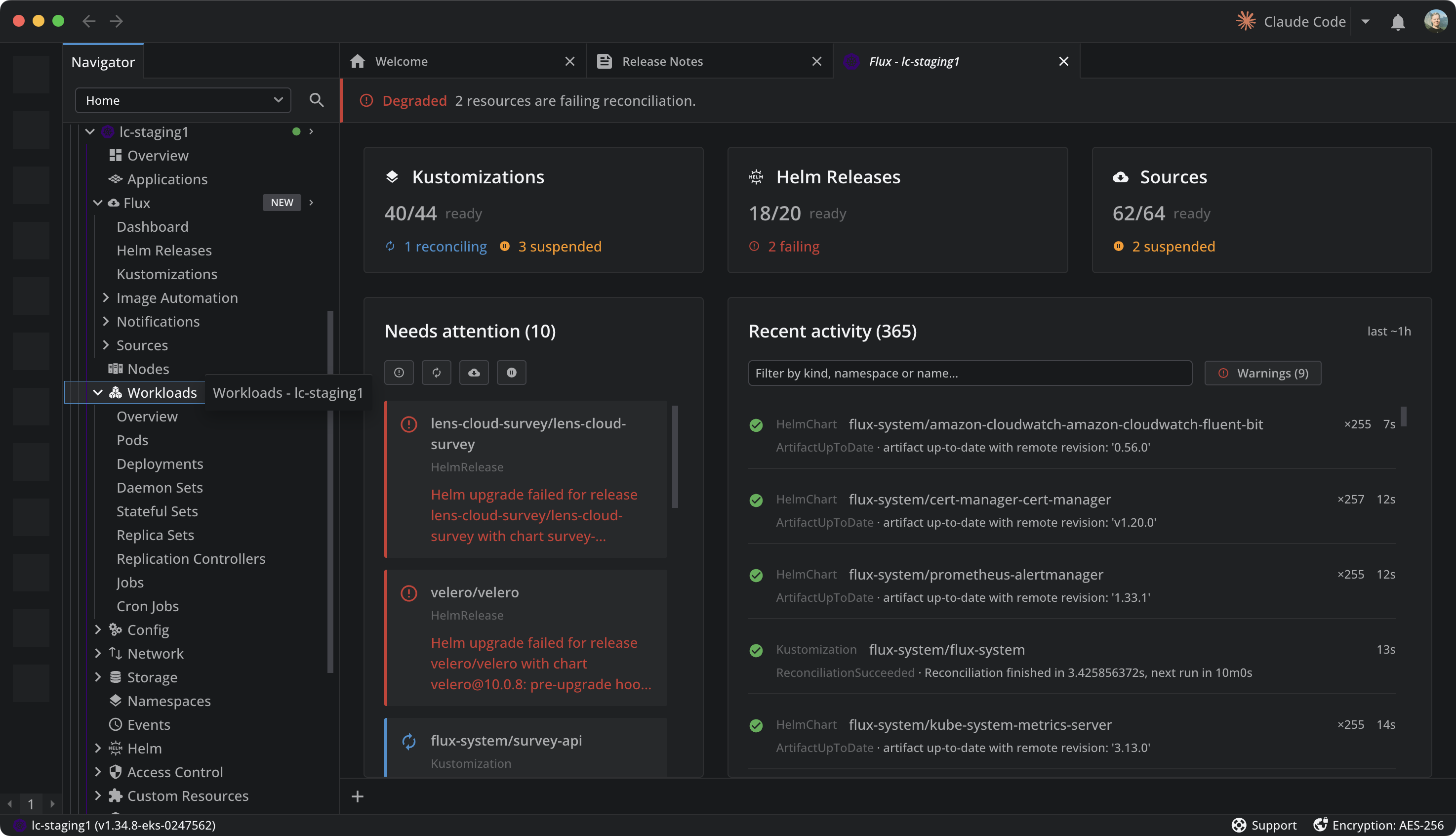 The Flux GitOps dashboard in Lens, with summary cards for Kustomizations, Helm Releases and Sources, a 'Needs attention' list, and a 'Recent activity' feed