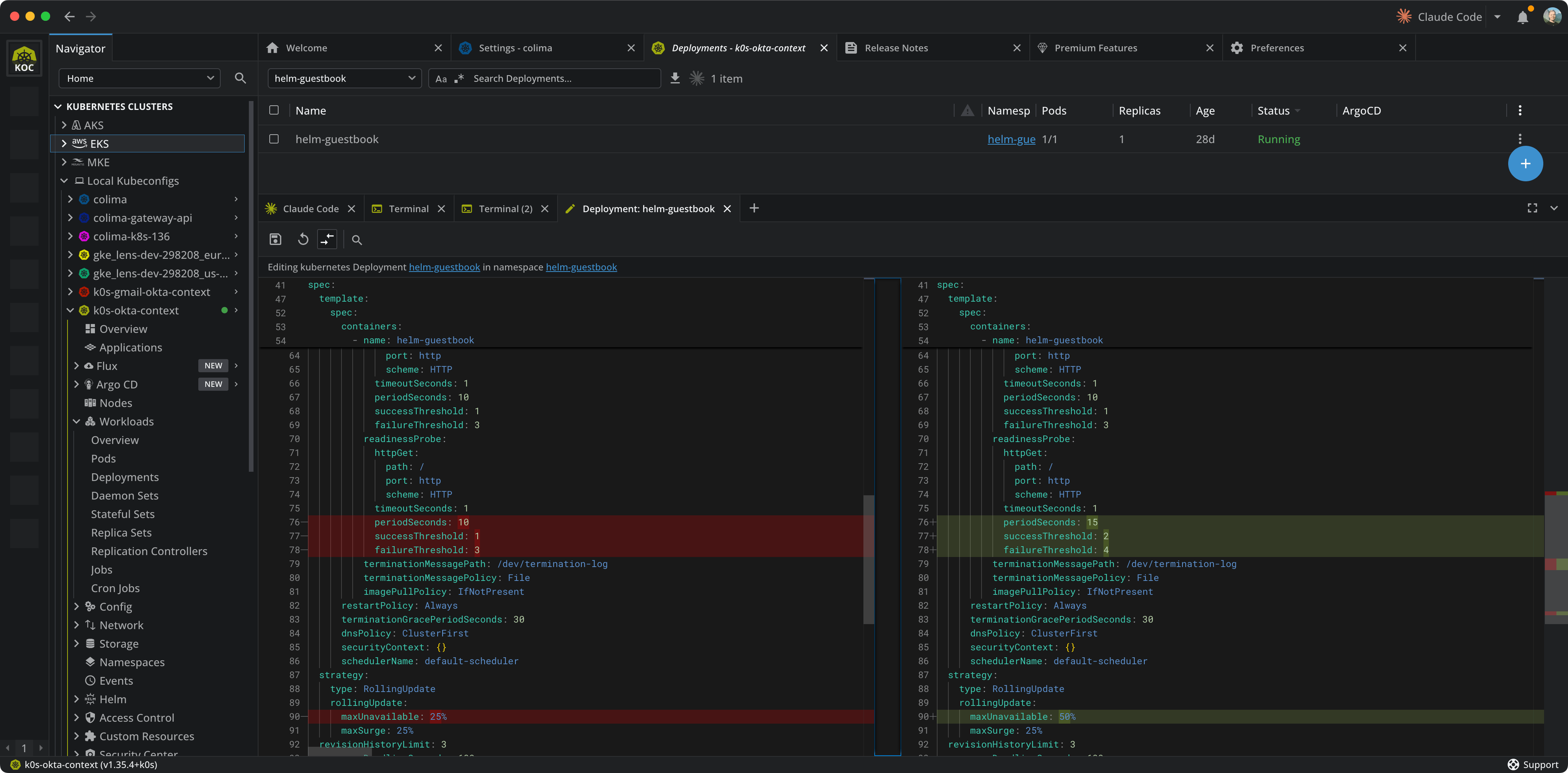 The advanced editor in diff mode while editing a Deployment: the resource as it was opened on the left and the edited version on the right, with changed lines highlighted in red and green, and Save, Revert, Diff mode and Search buttons in the editor toolbar