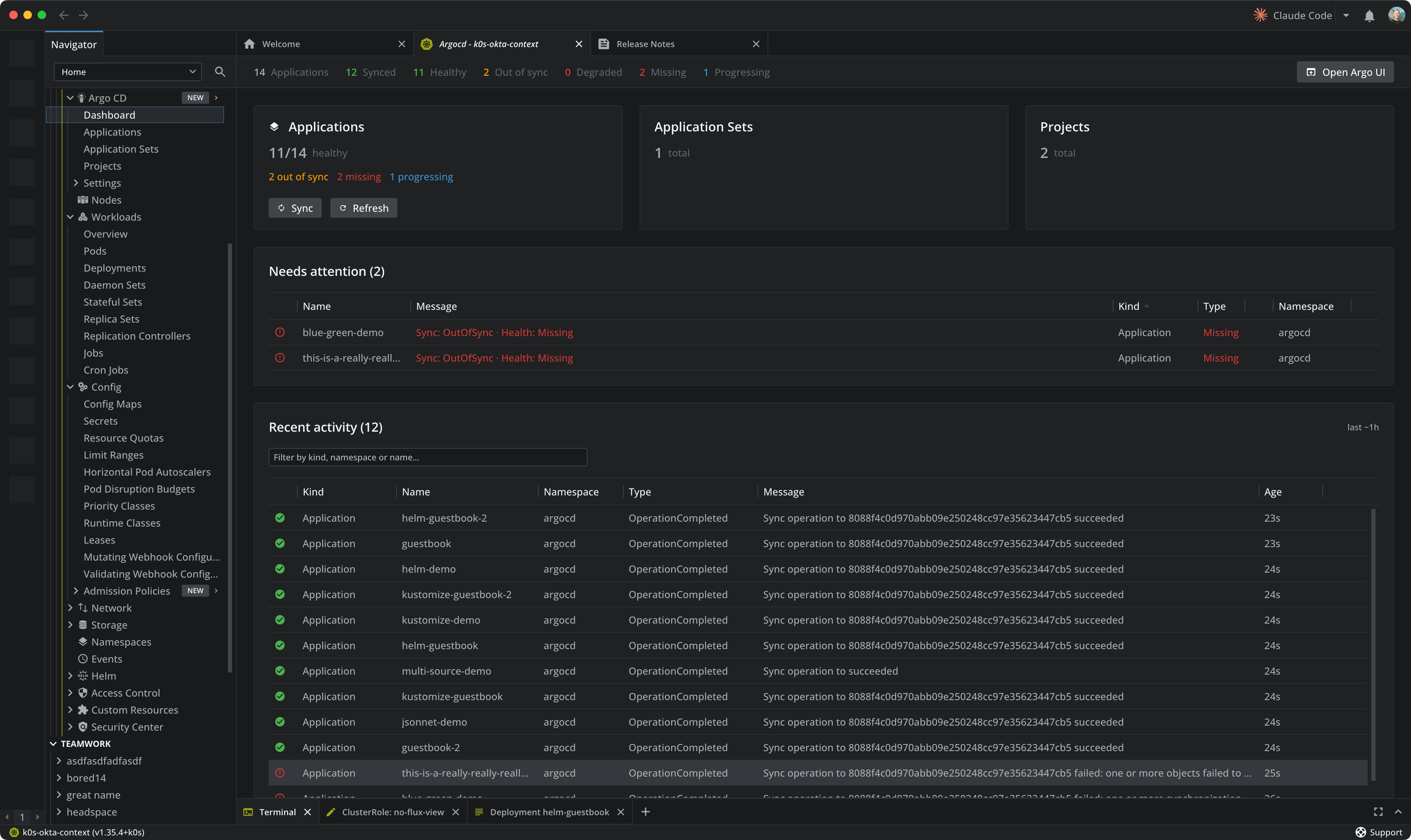 The Argo CD dashboard in Lens, with a header strip summarizing Application Sync and Health counts and an Open Argo UI button, summary cards for Applications (with Sync and Refresh actions), Application Sets and Projects, and full-width 'Needs attention' and 'Recent activity' tables with sortable Kind, Name, Namespace, Type and Message columns
