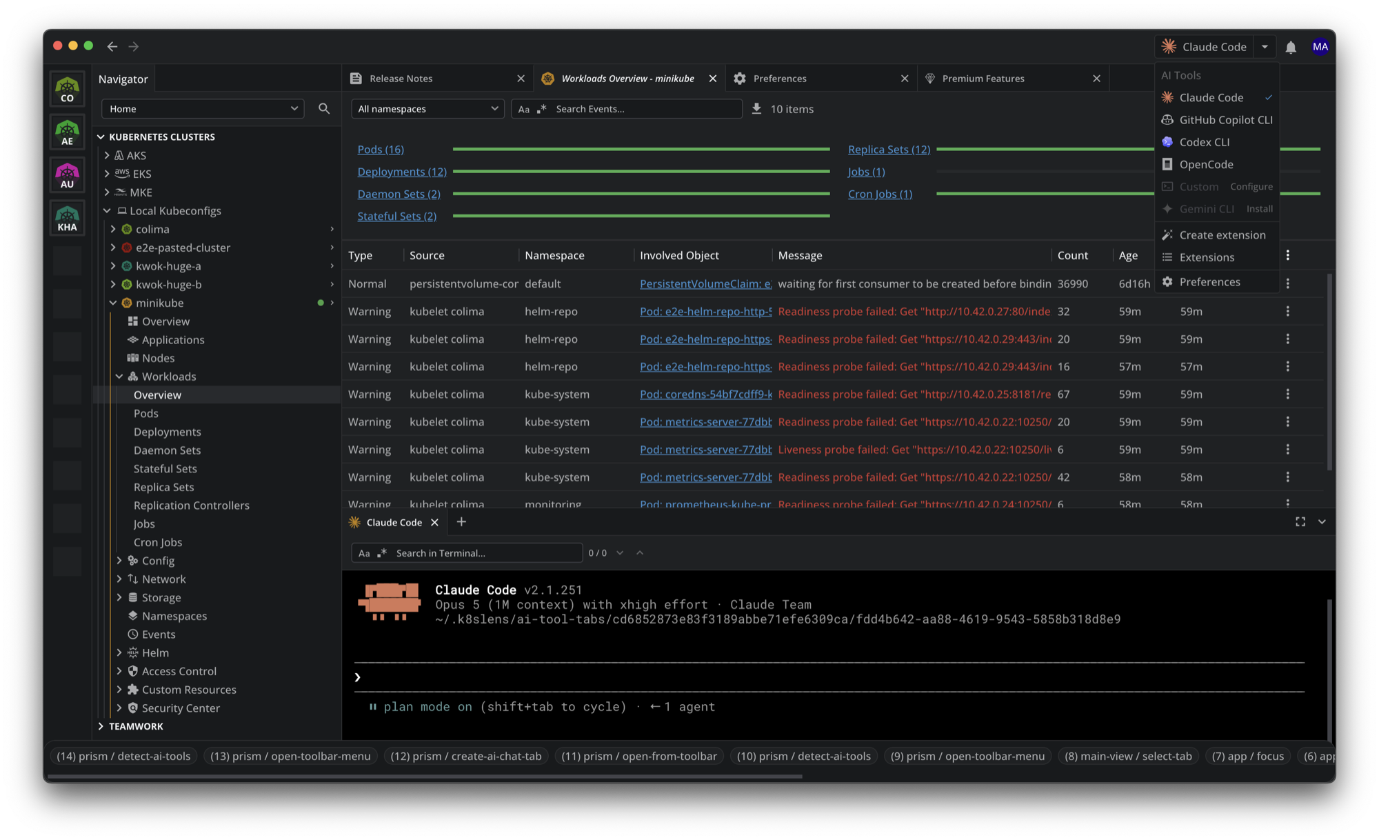 The AI tool button's menu listing Claude Code, GitHub Copilot CLI, Codex CLI, OpenCode, Custom and Gemini CLI, with a tick on the tool in use, a Configure button on Custom and an Install link on Gemini CLI